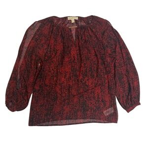 Michael Kors Sheer Blouse Red & Black Abstract Pattern Slit Sleeves Womens Small